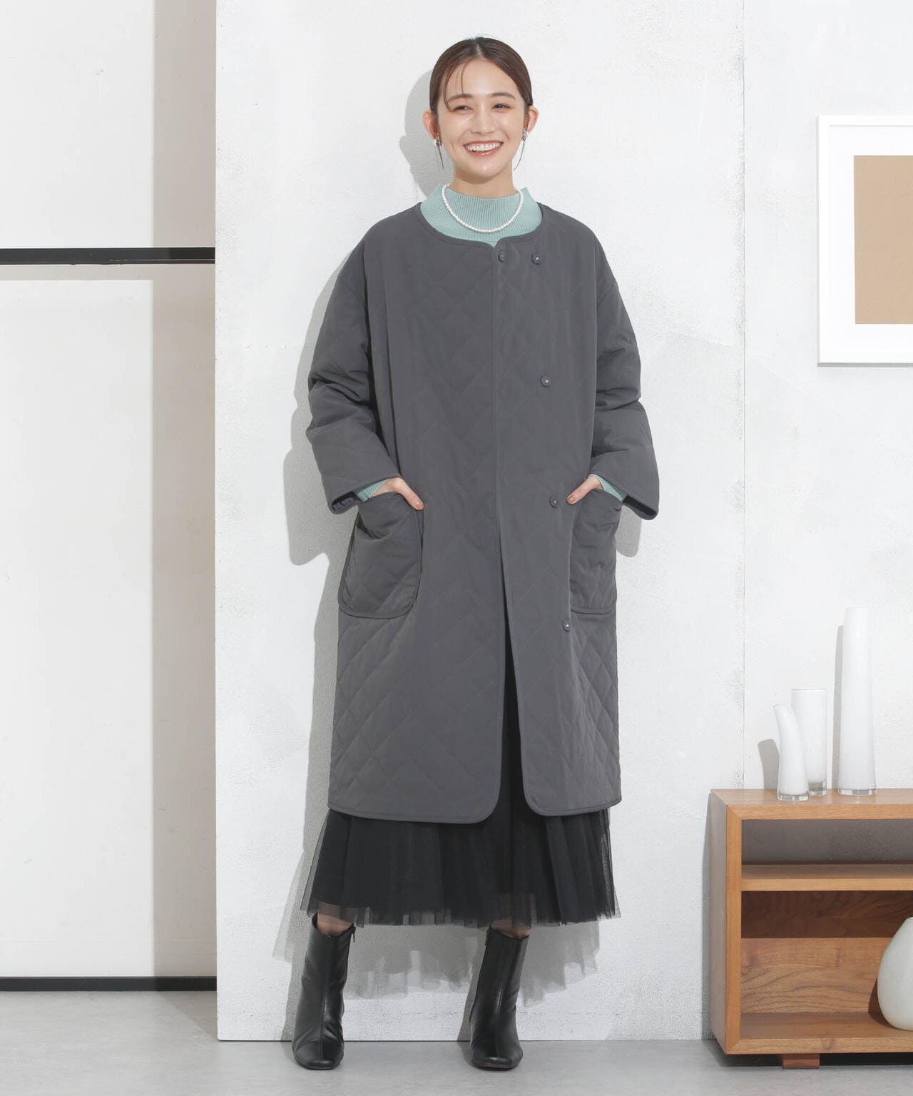 撥水加工?機能中綿　ノーカラーキルティングロングコート