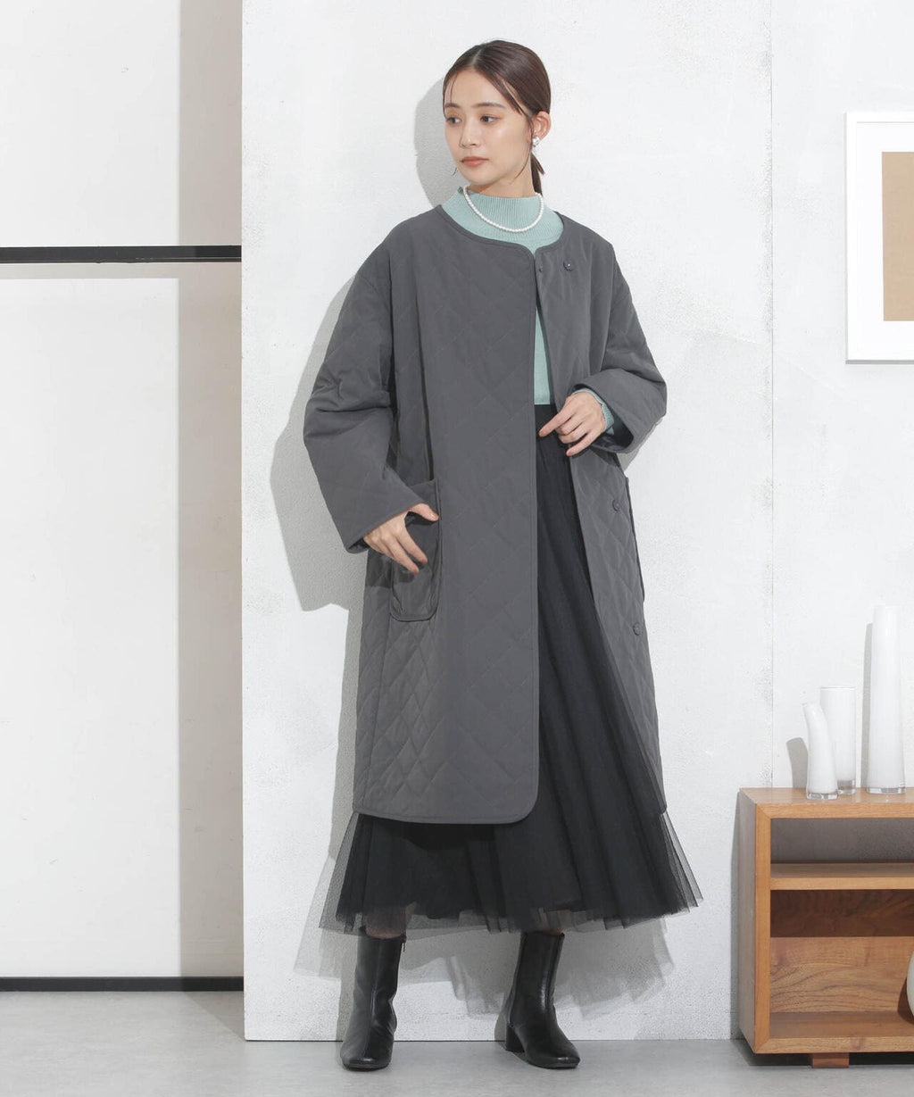撥水加工?機能中綿　ノーカラーキルティングロングコート