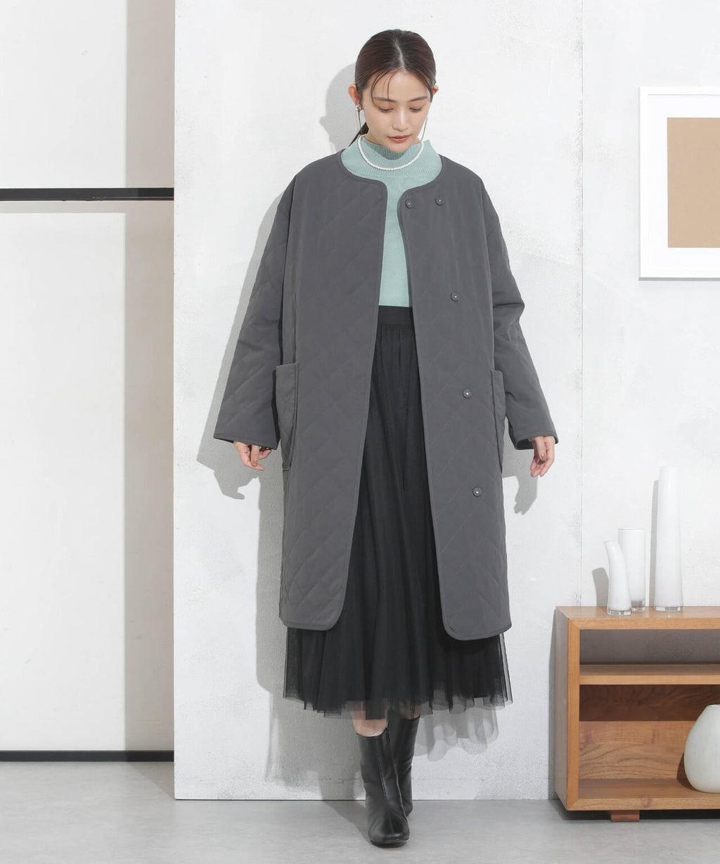 撥水加工?機能中綿　ノーカラーキルティングロングコート