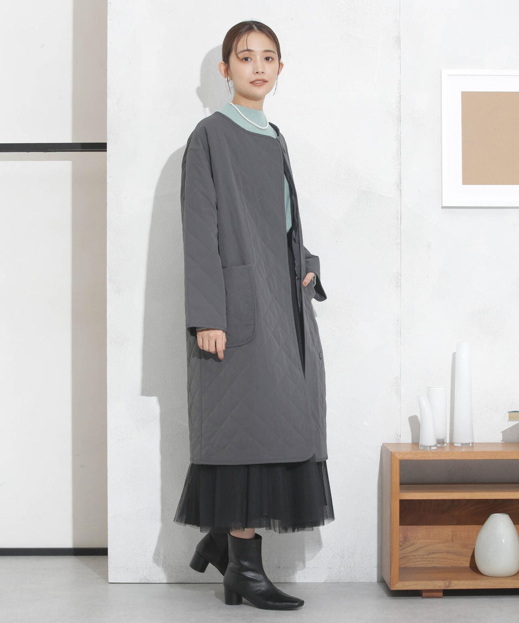 撥水加工?機能中綿　ノーカラーキルティングロングコート