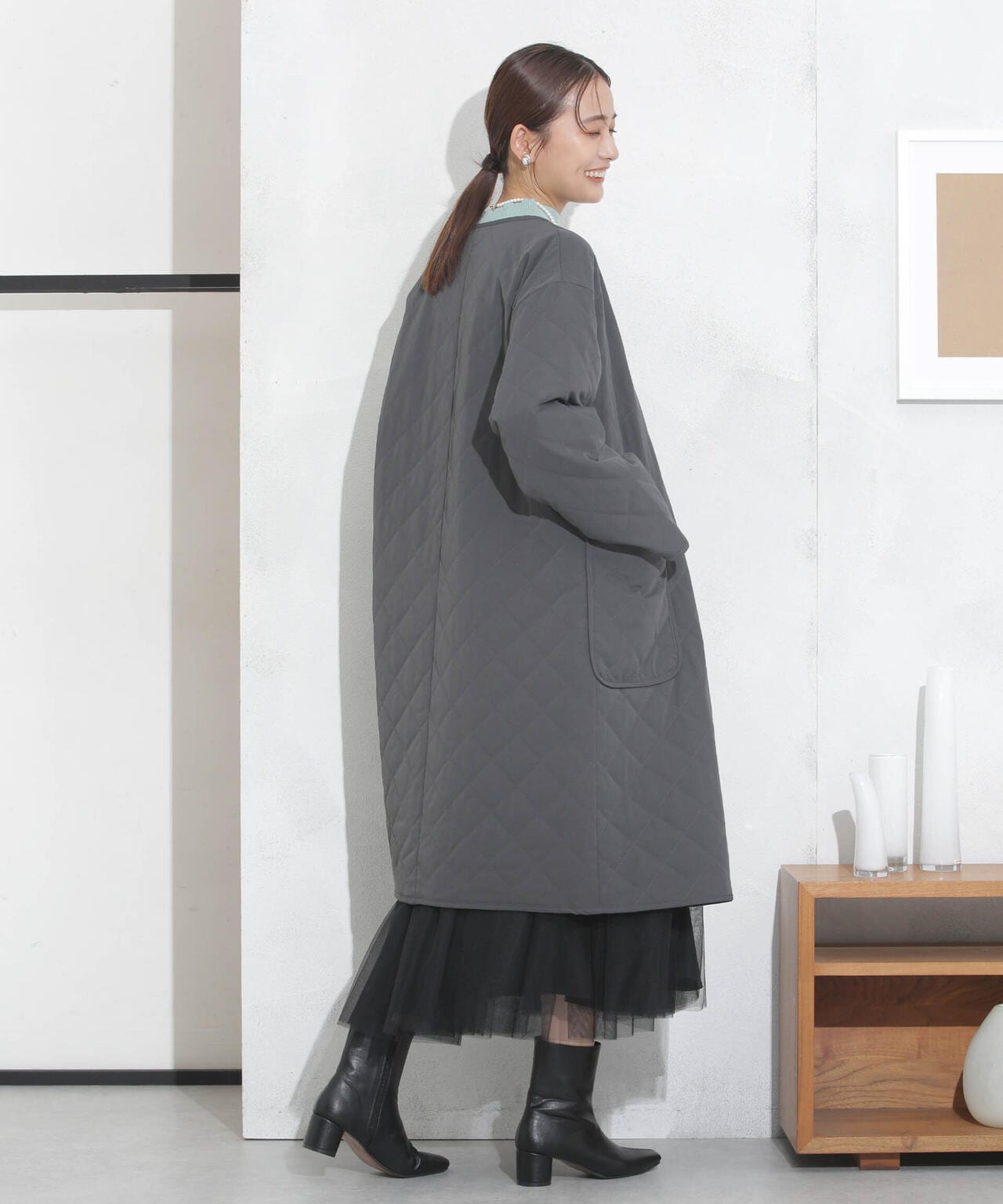 撥水加工?機能中綿　ノーカラーキルティングロングコート