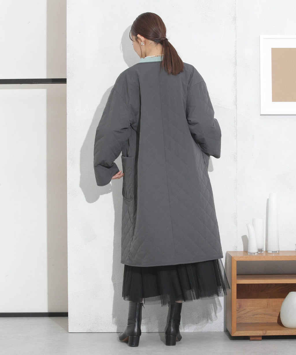 撥水加工?機能中綿　ノーカラーキルティングロングコート
