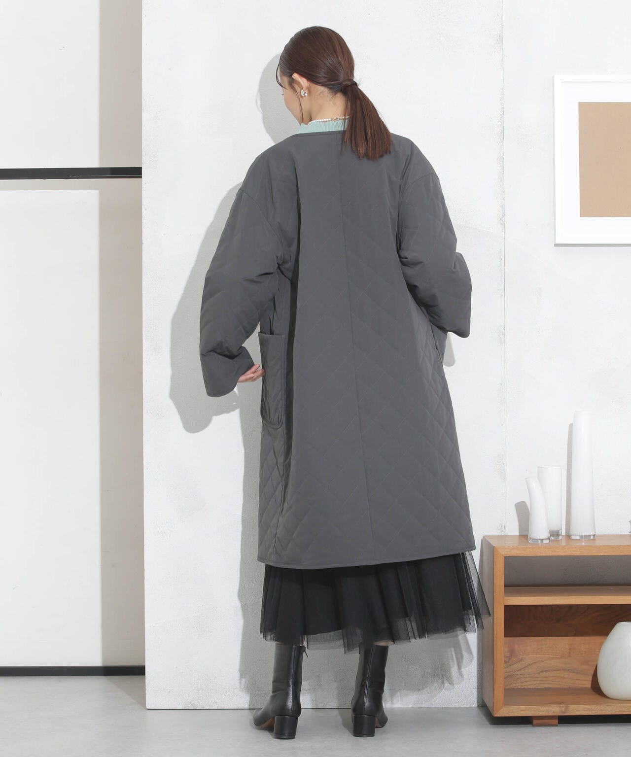 撥水加工?機能中綿　ノーカラーキルティングロングコート