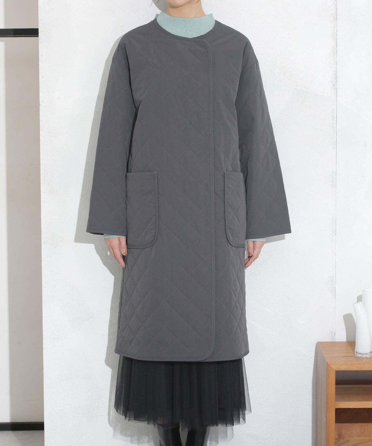 撥水加工?機能中綿　ノーカラーキルティングロングコート