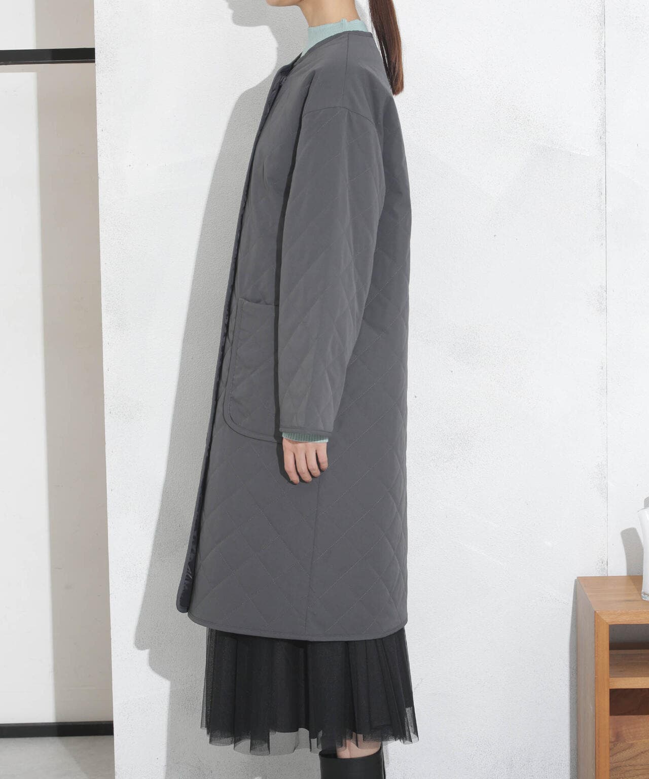 撥水加工?機能中綿　ノーカラーキルティングロングコート