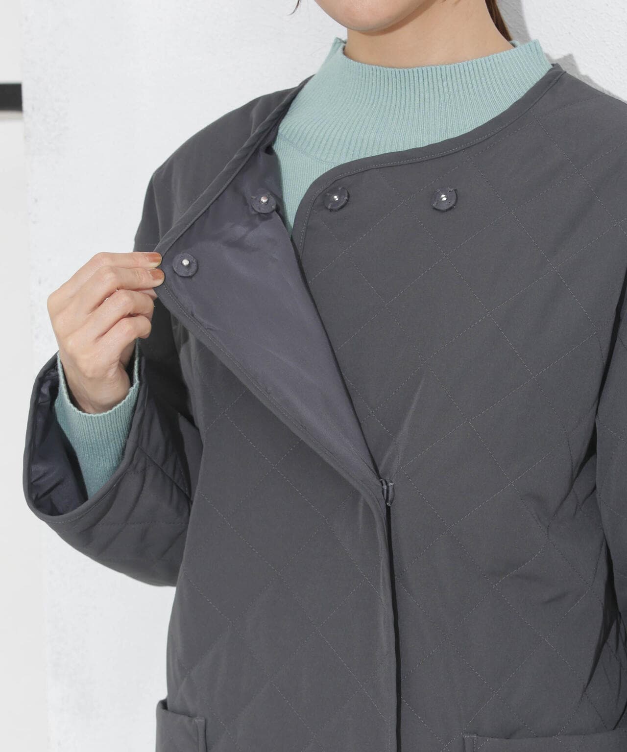 撥水加工?機能中綿　ノーカラーキルティングロングコート