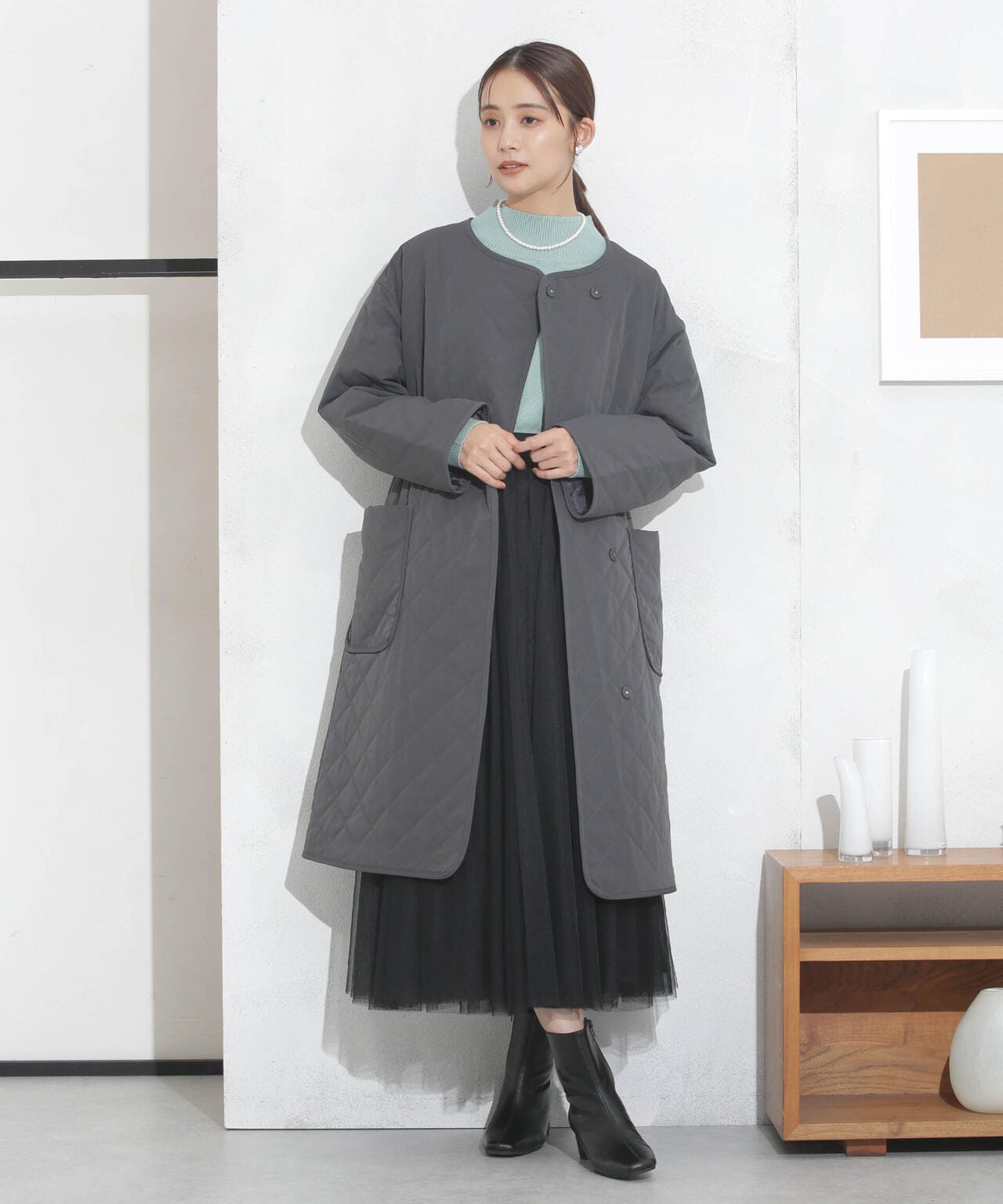 撥水加工?機能中綿　ノーカラーキルティングロングコート