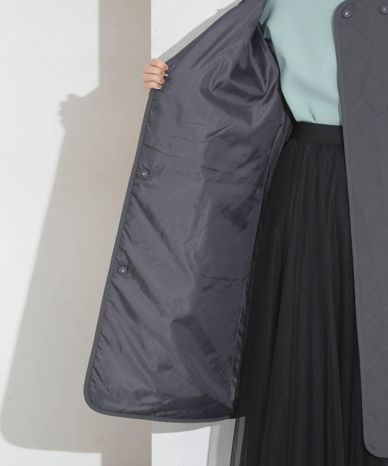 撥水加工?機能中綿　ノーカラーキルティングロングコート