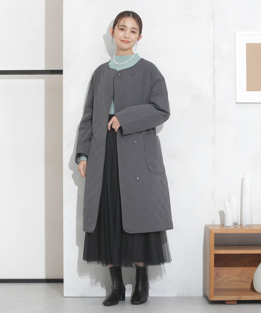 撥水加工?機能中綿　ノーカラーキルティングロングコート