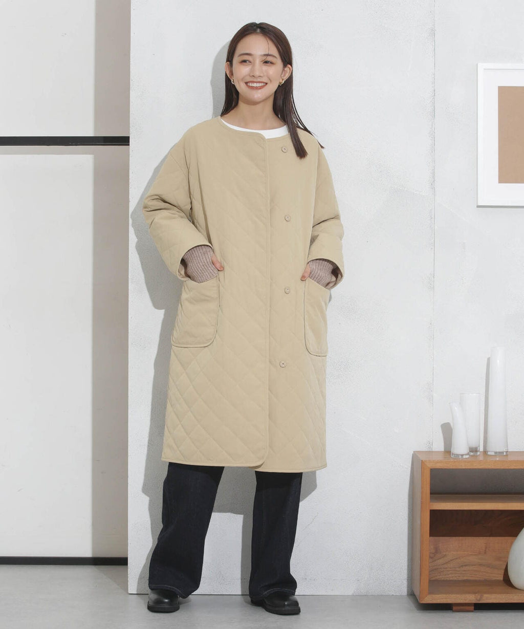 撥水加工?機能中綿　ノーカラーキルティングロングコート