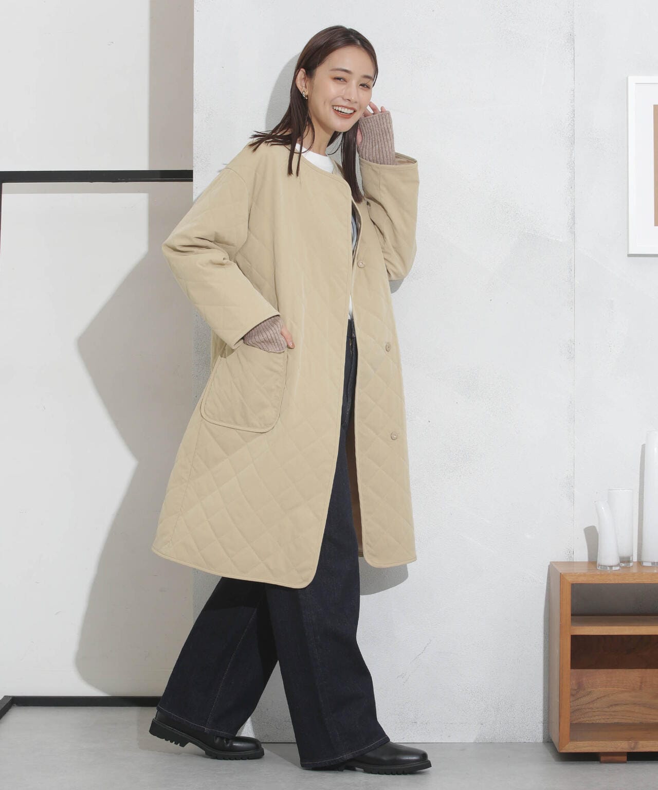 撥水加工?機能中綿　ノーカラーキルティングロングコート