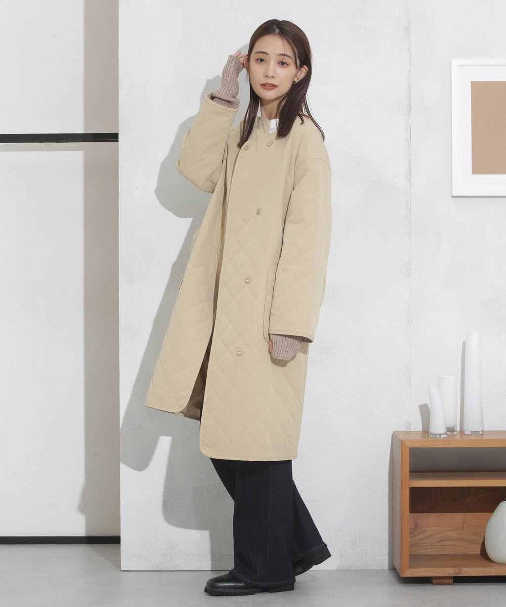 撥水加工?機能中綿　ノーカラーキルティングロングコート