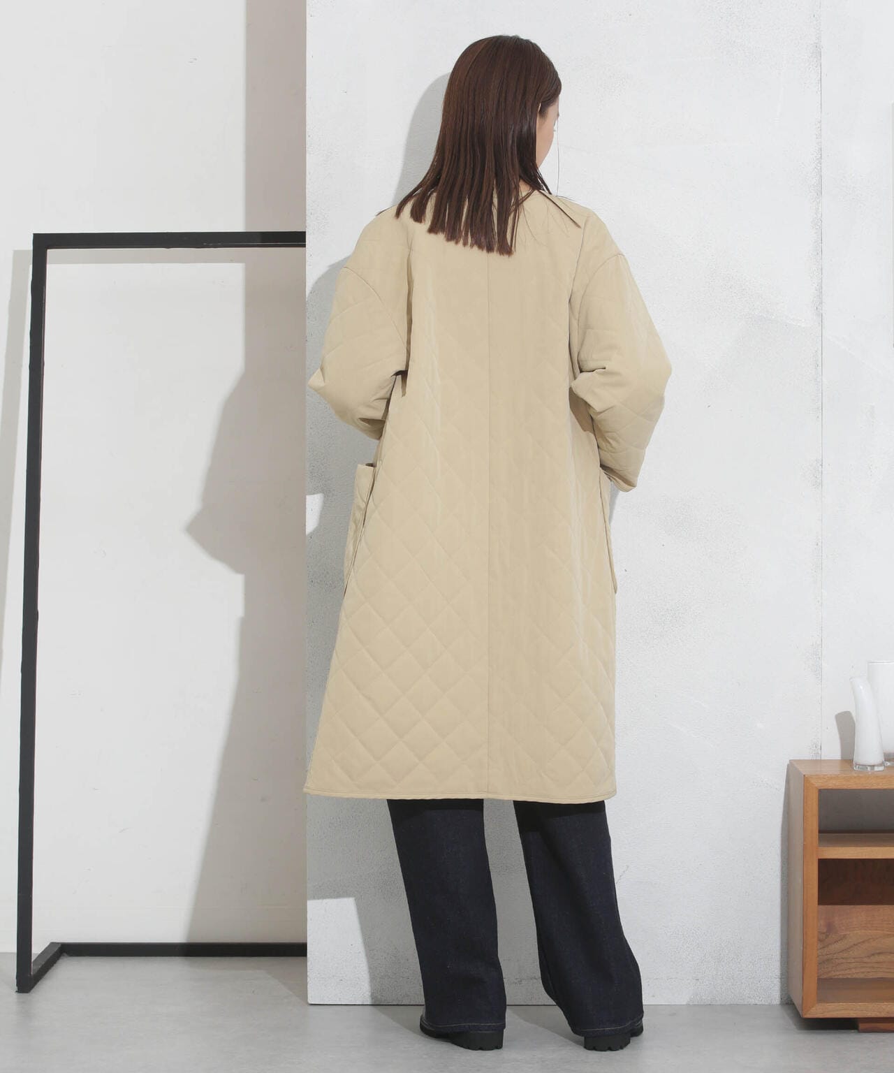 撥水加工?機能中綿　ノーカラーキルティングロングコート