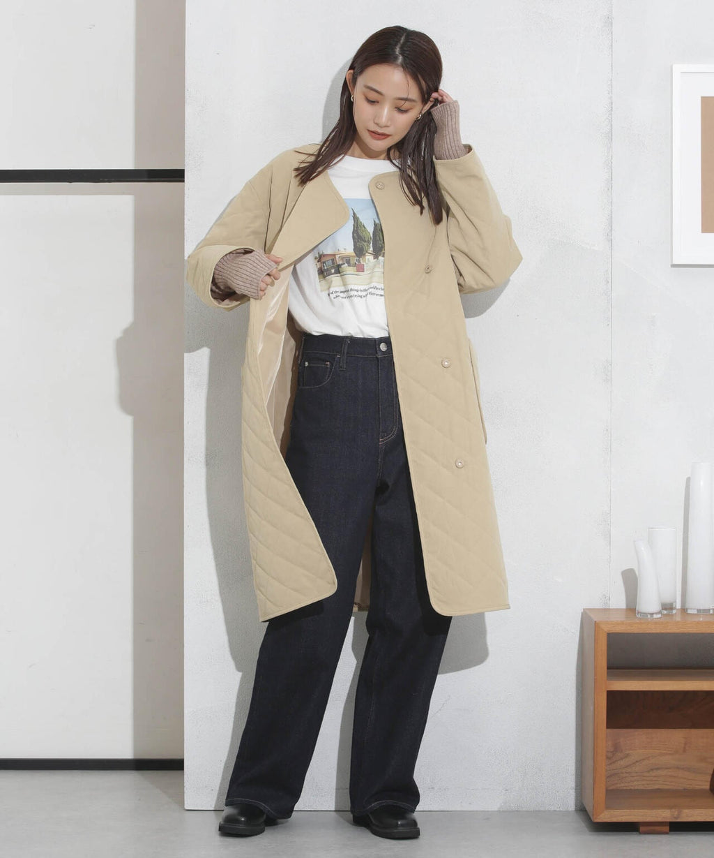 撥水加工?機能中綿　ノーカラーキルティングロングコート