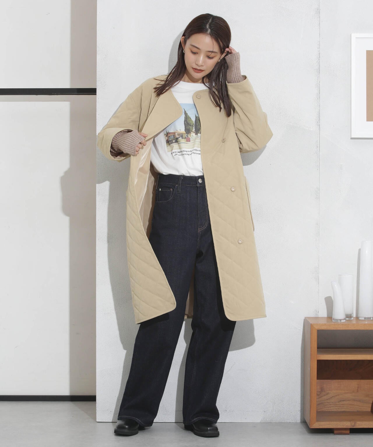 撥水加工?機能中綿　ノーカラーキルティングロングコート