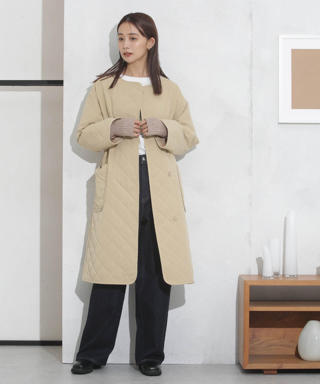 撥水加工?機能中綿　ノーカラーキルティングロングコート