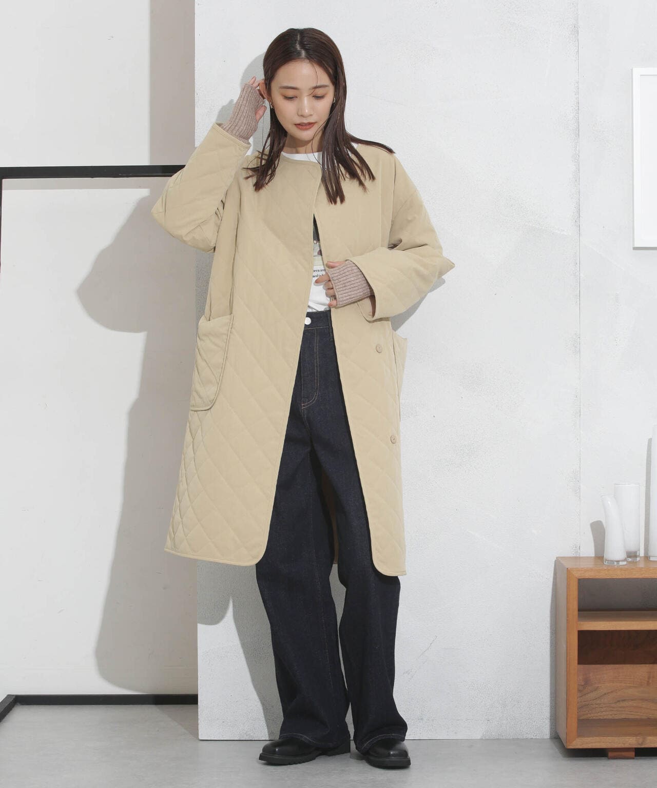 撥水加工?機能中綿　ノーカラーキルティングロングコート