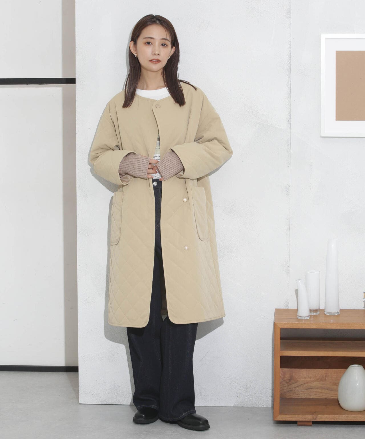 撥水加工?機能中綿　ノーカラーキルティングロングコート