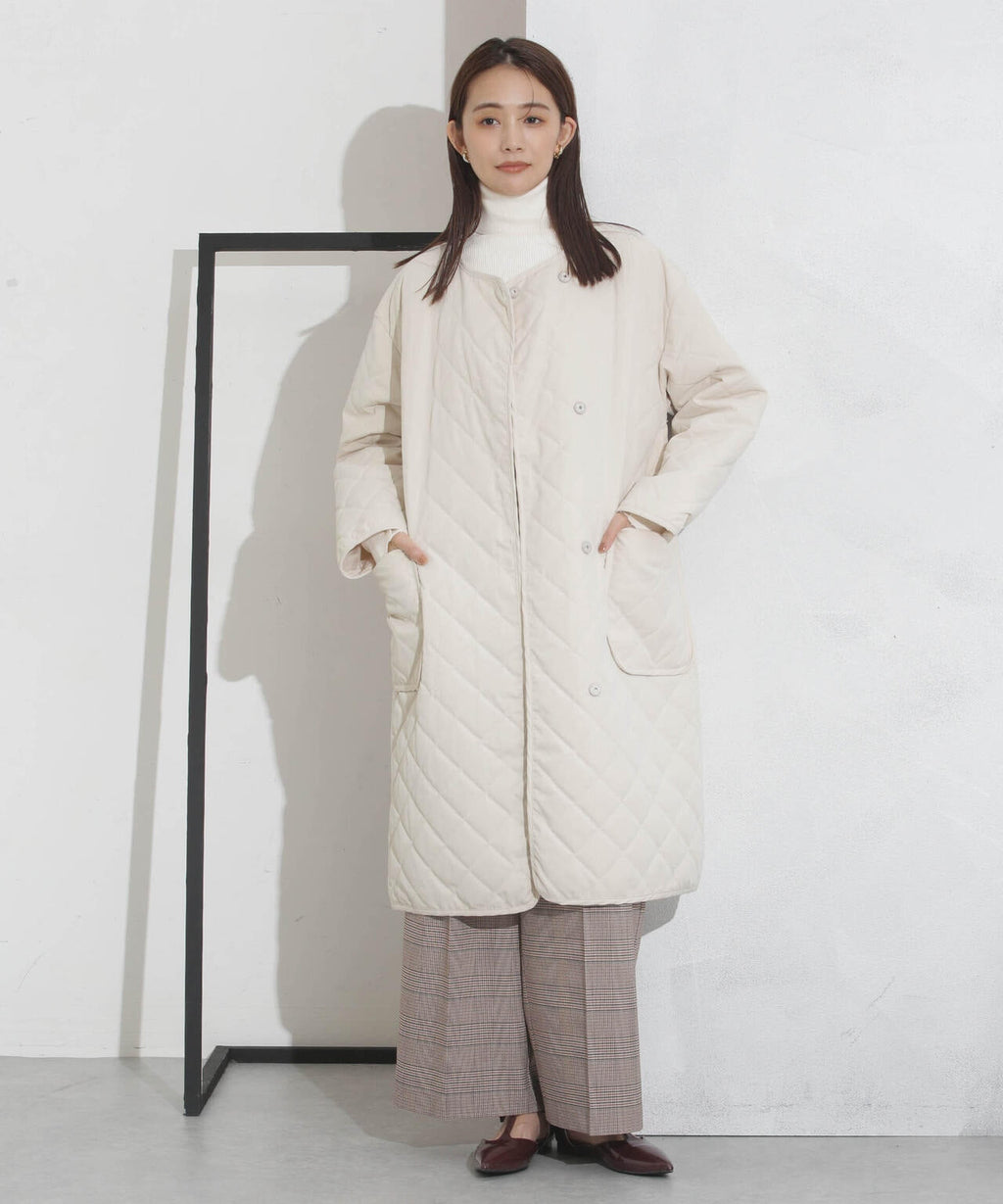 撥水加工?機能中綿　ノーカラーキルティングロングコート