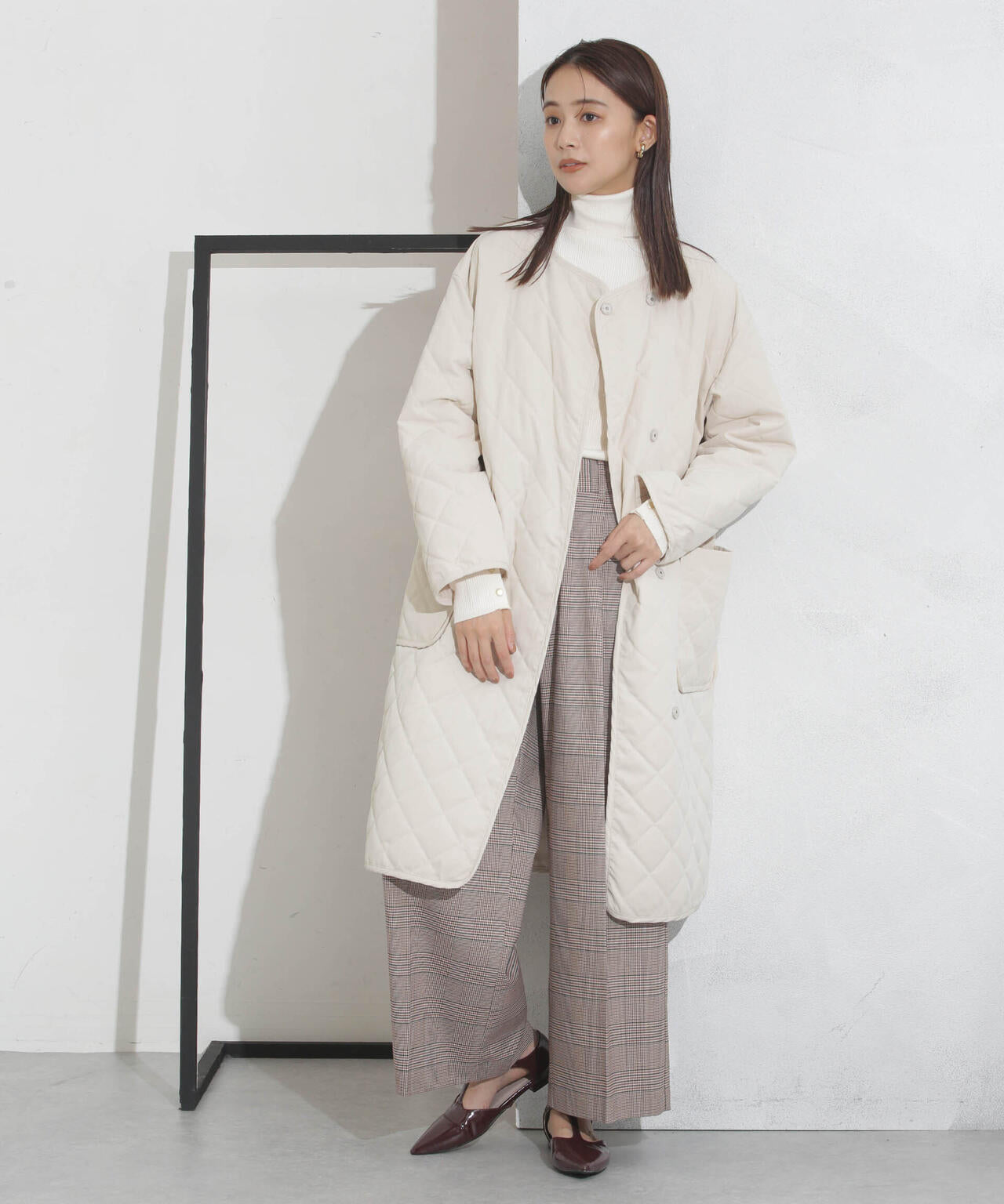 撥水加工?機能中綿　ノーカラーキルティングロングコート