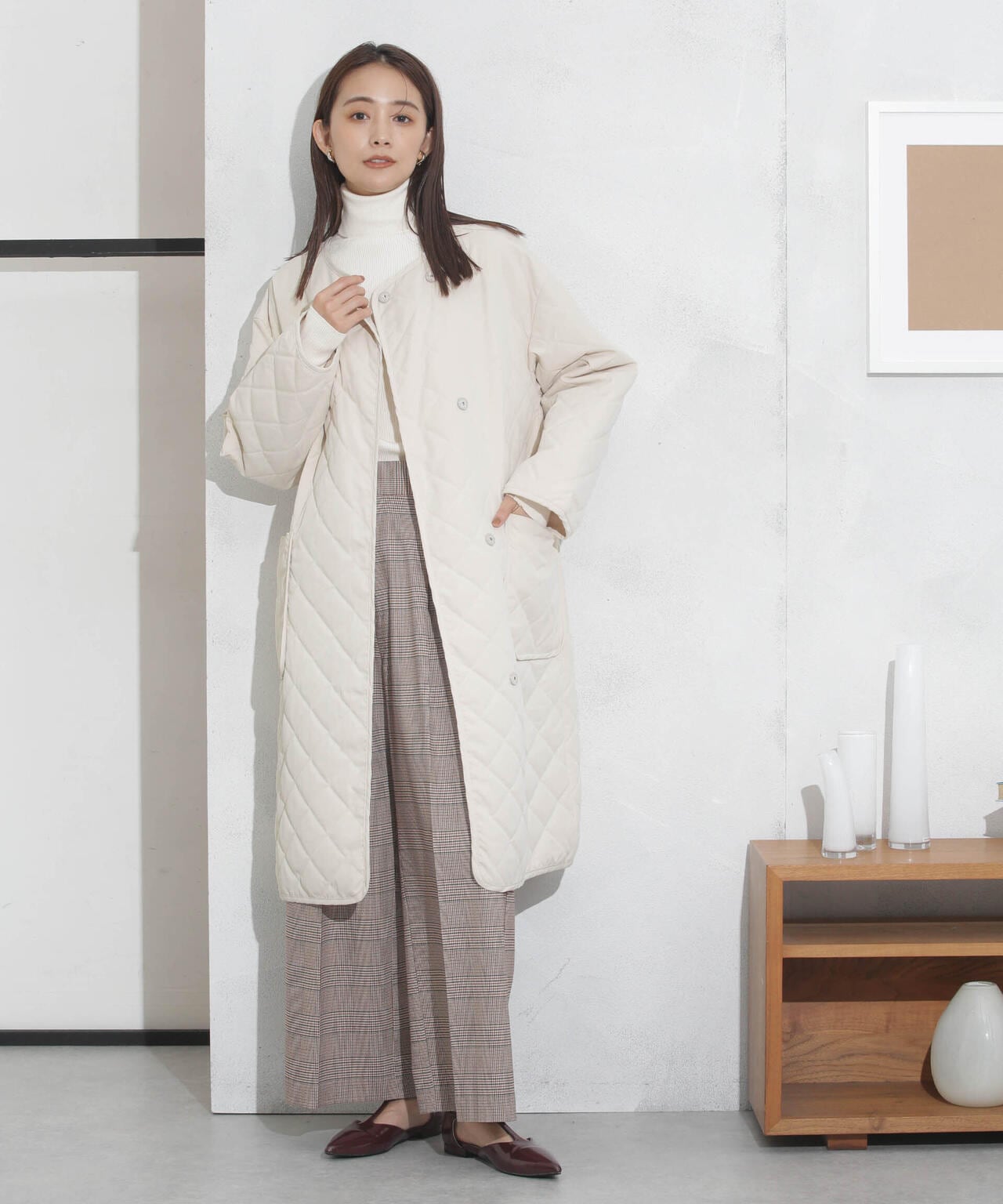 撥水加工?機能中綿　ノーカラーキルティングロングコート