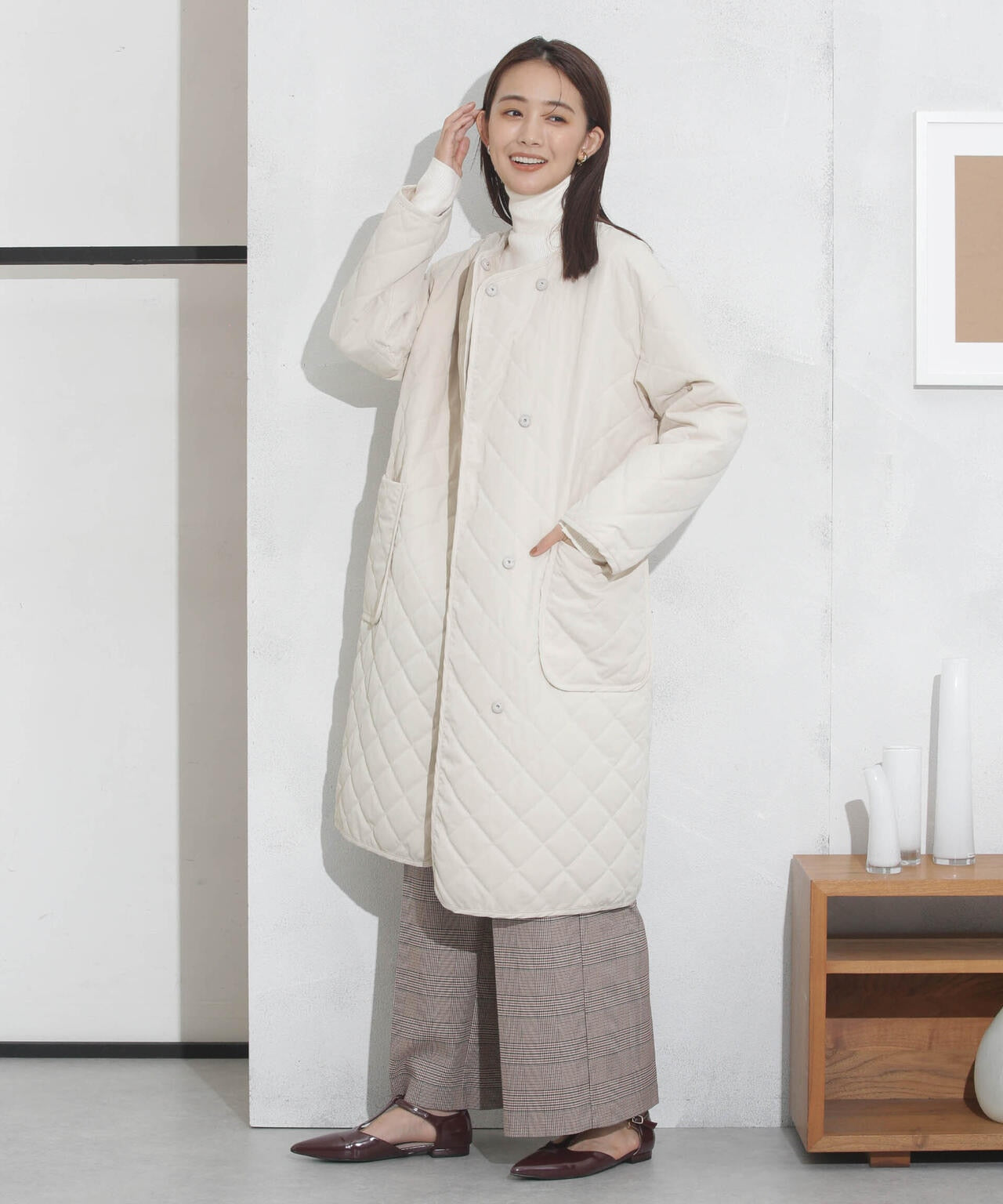 撥水加工?機能中綿　ノーカラーキルティングロングコート