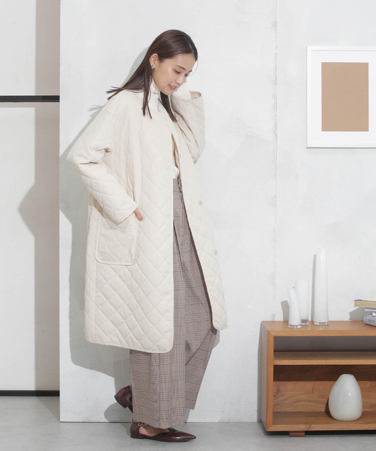 撥水加工?機能中綿　ノーカラーキルティングロングコート