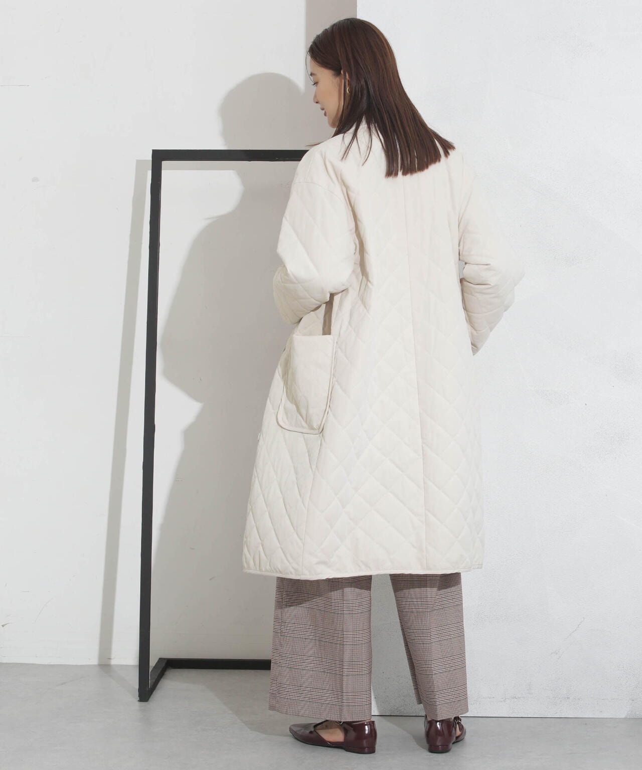 撥水加工?機能中綿　ノーカラーキルティングロングコート