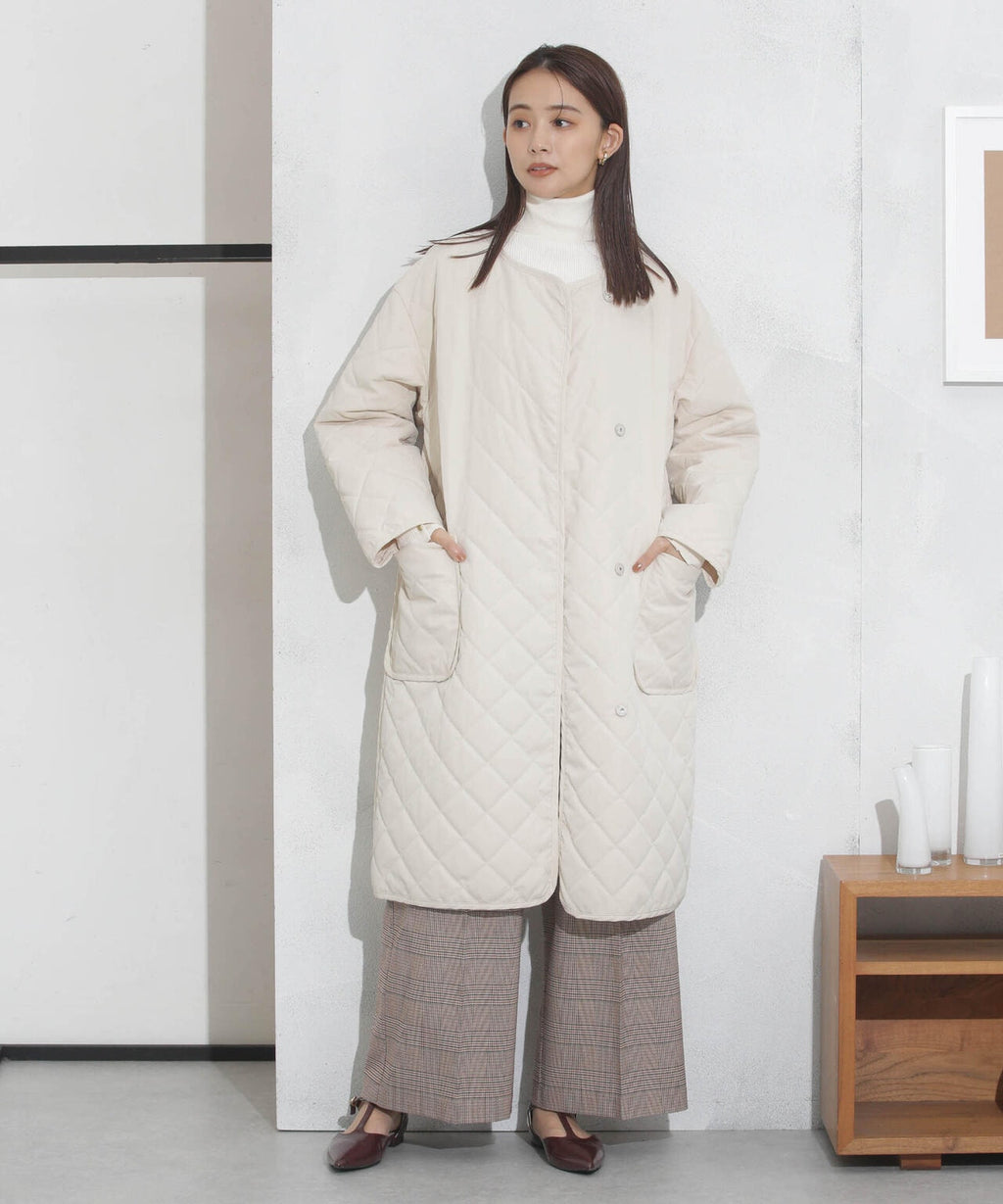 撥水加工?機能中綿　ノーカラーキルティングロングコート