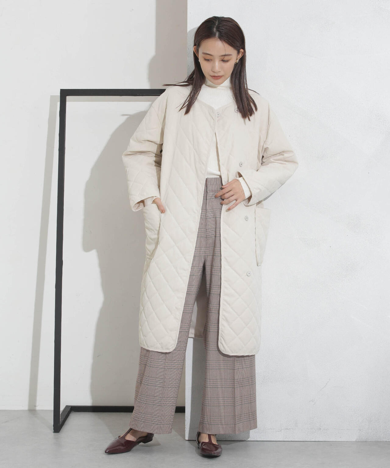 撥水加工?機能中綿　ノーカラーキルティングロングコート