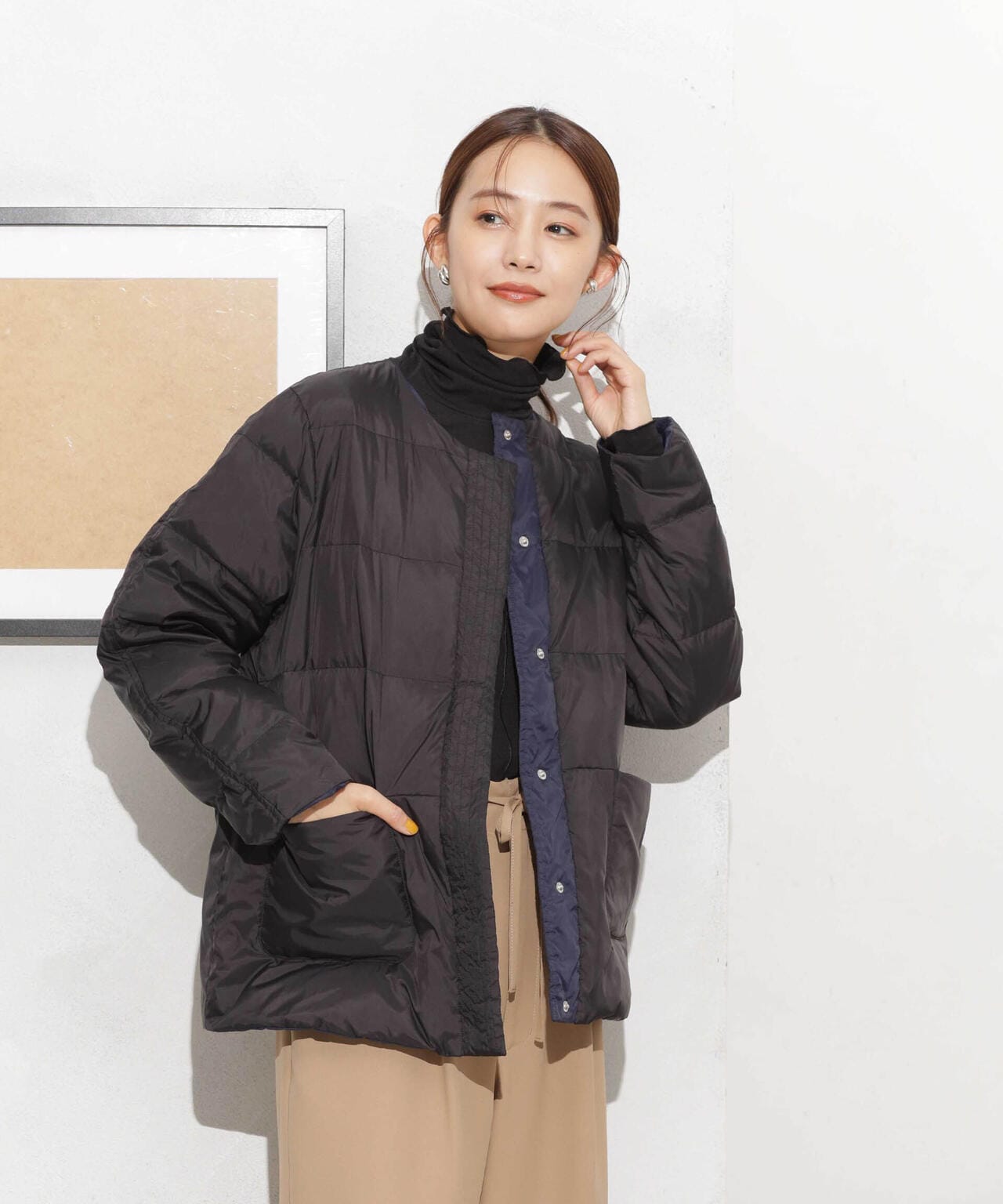 撥水加工ライトダウン リバーシブルノーカラージャケット