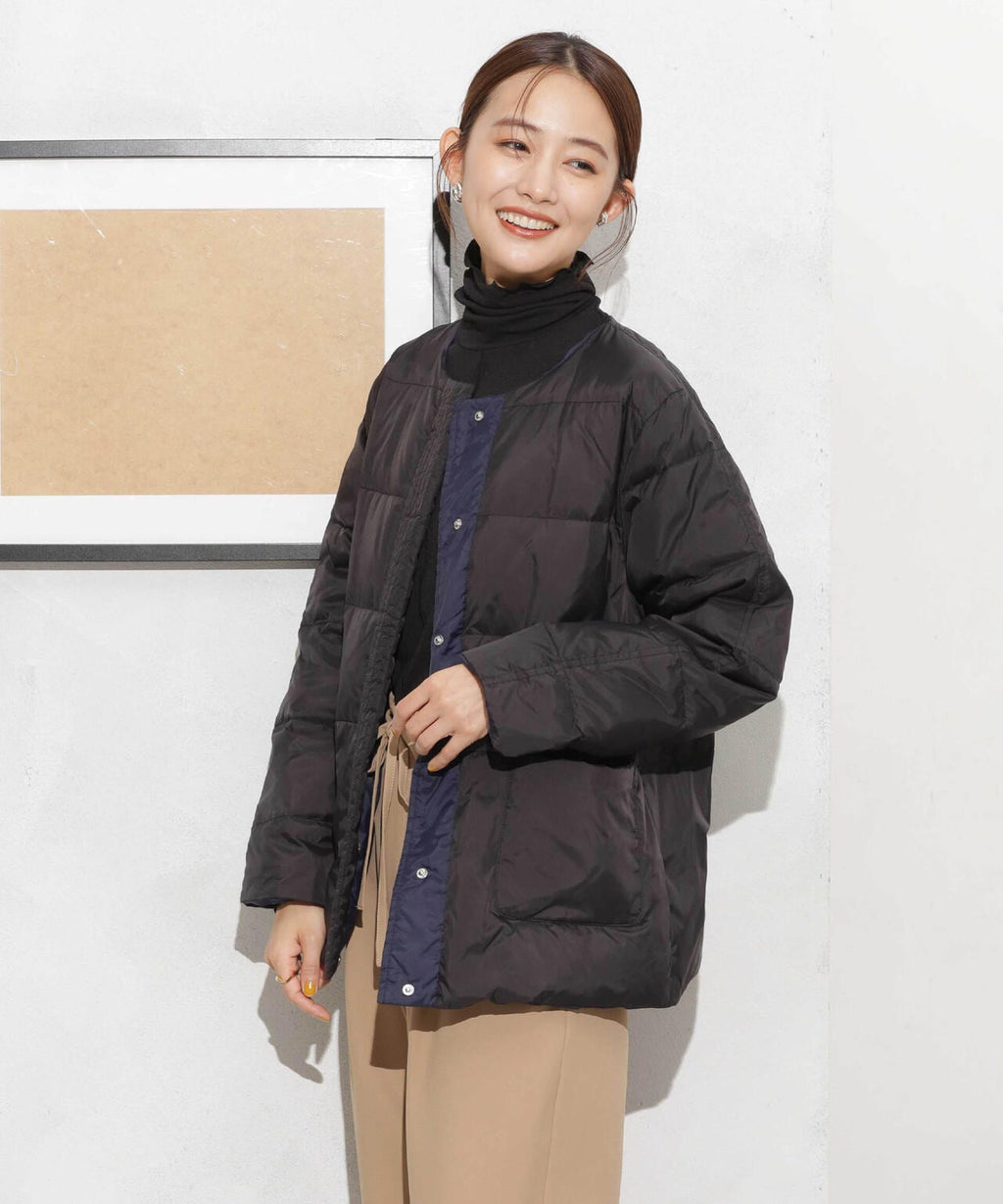 撥水加工ライトダウン リバーシブルノーカラージャケット