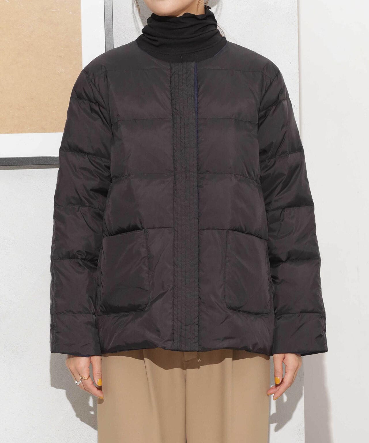 撥水加工ライトダウン リバーシブルノーカラージャケット