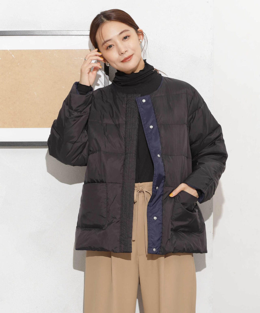 撥水加工ライトダウン リバーシブルノーカラージャケット