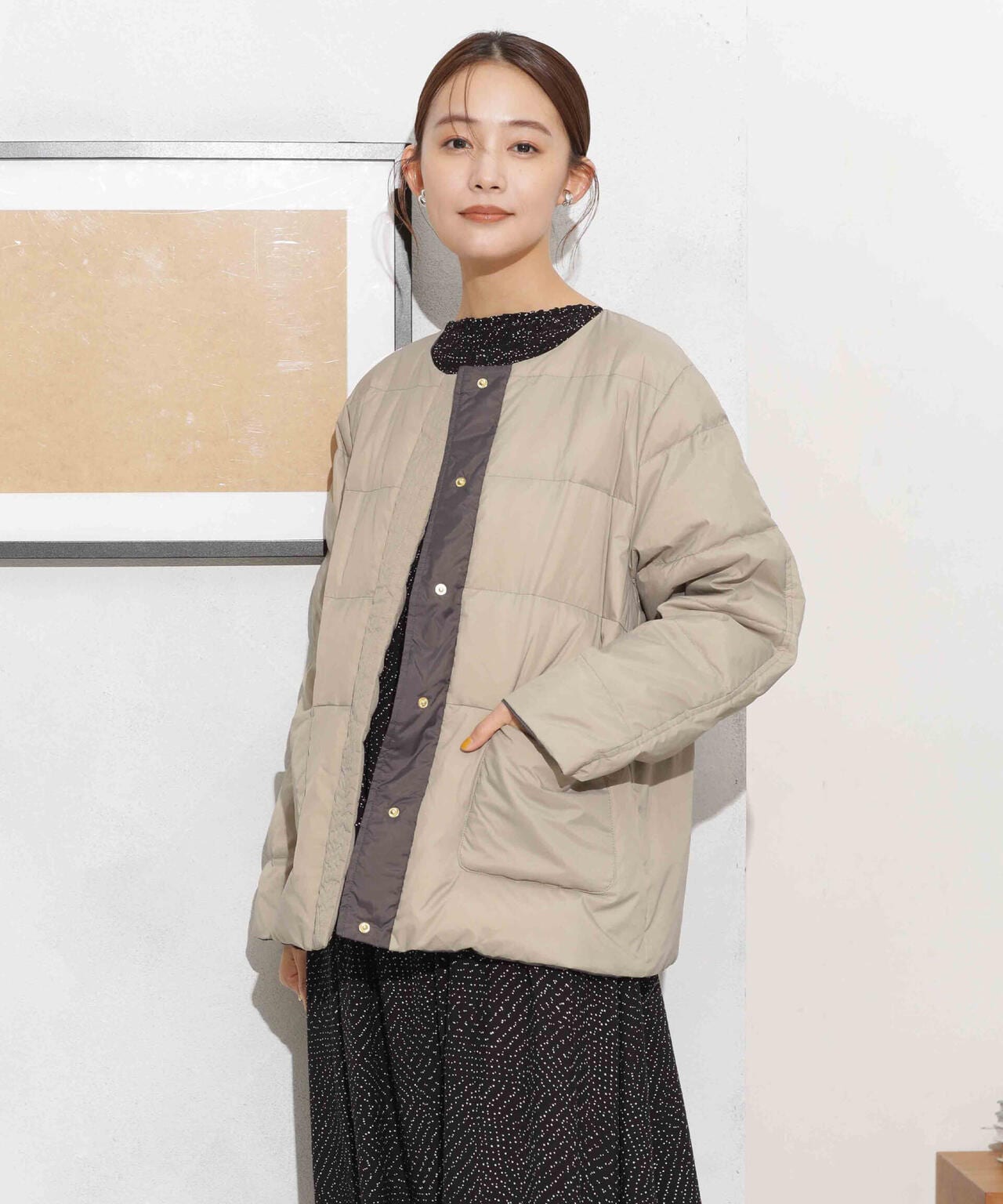 撥水加工ライトダウン リバーシブルノーカラージャケット