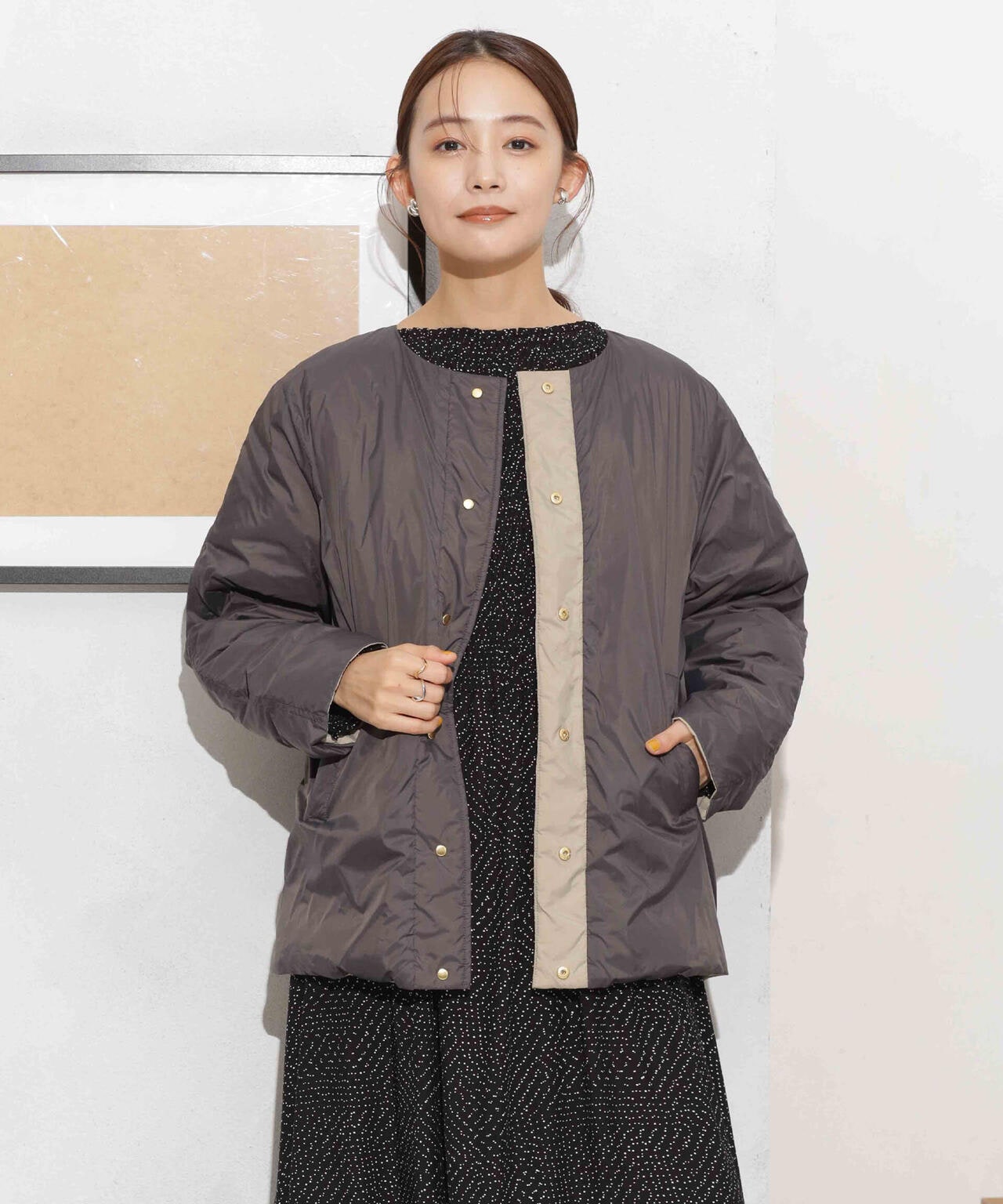 撥水加工ライトダウン リバーシブルノーカラージャケット