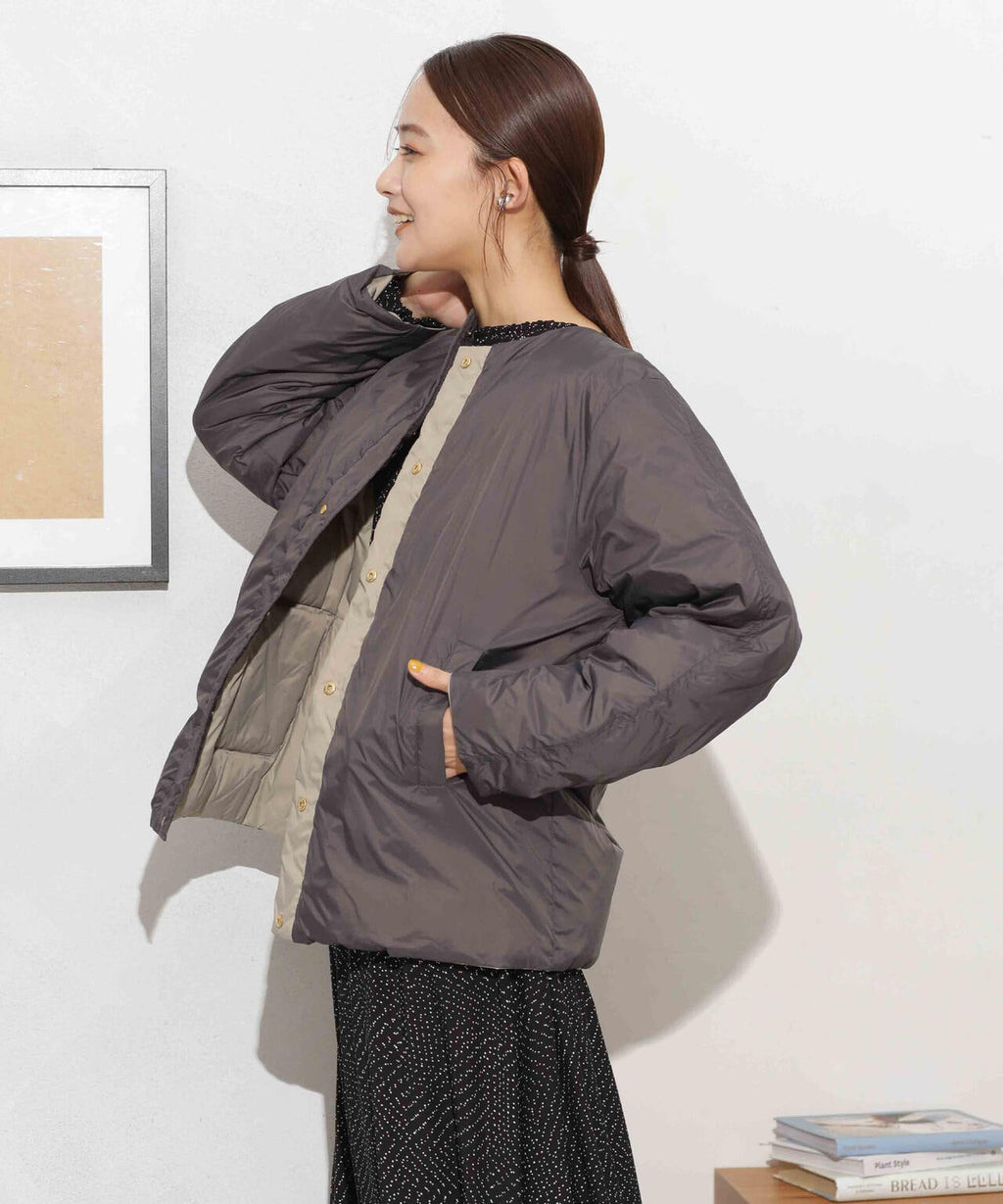 撥水加工ライトダウン リバーシブルノーカラージャケット