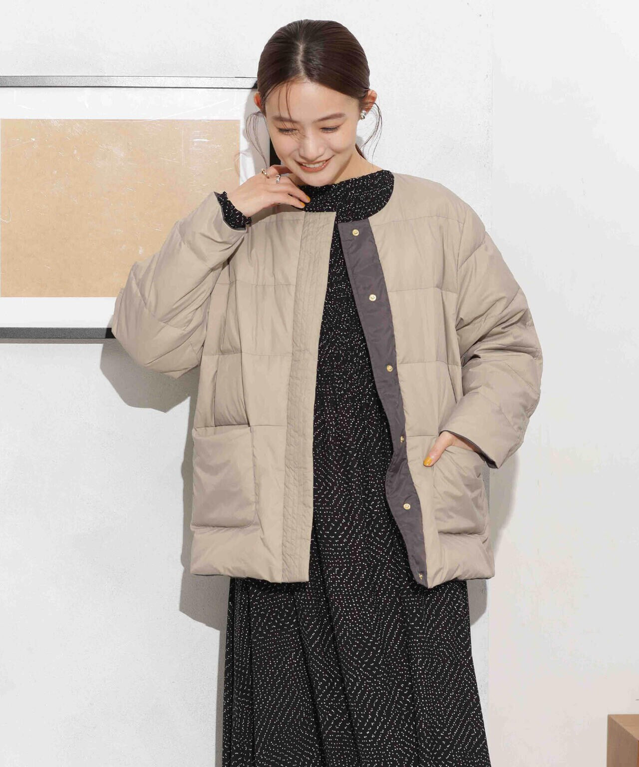 撥水加工ライトダウン リバーシブルノーカラージャケット