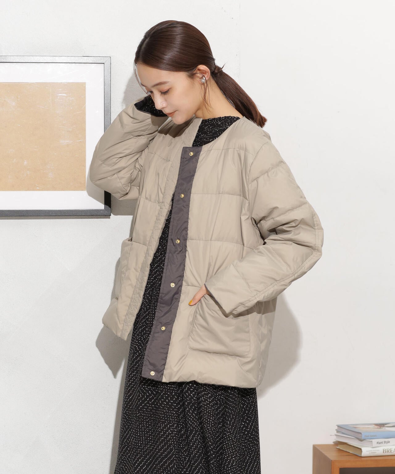 撥水加工ライトダウン リバーシブルノーカラージャケット