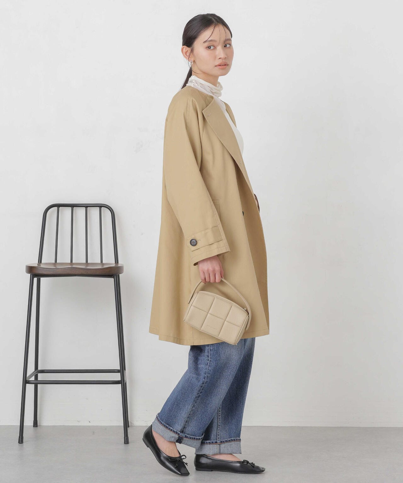 撥水＆花粉ガード加工ノーカラーAラインコート